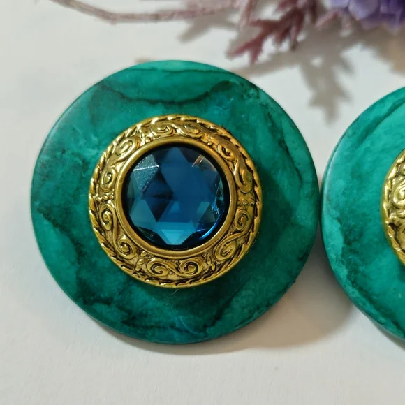 Vintage Green & Gold Acrylic Crystal Statement Earrings Clip-on Earrings - Picture 5 of 7